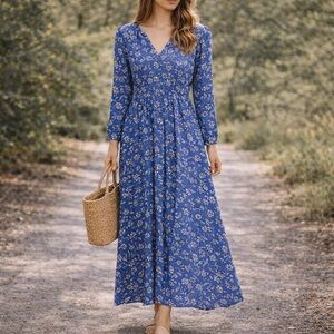 LOFT Blue Floral Midi Dress Sz 4 Boho Long Sleeve Button Front Lightweight Flowy